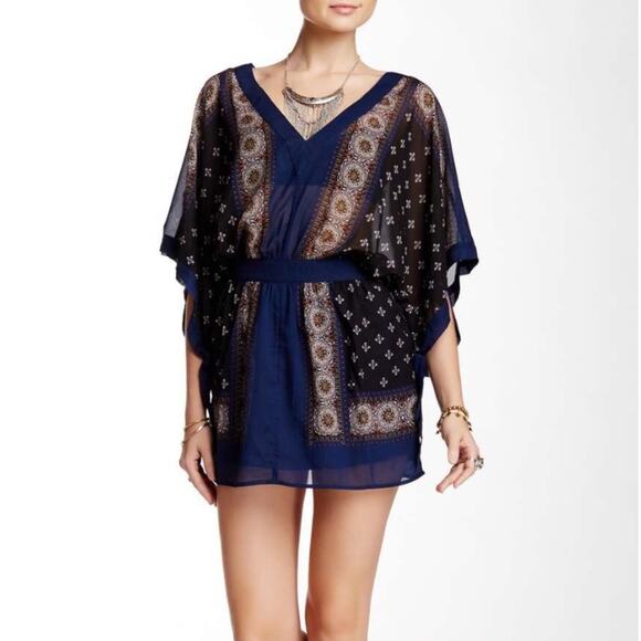 FREE PEOPLE Womens Boho Printed Kimono Tied Sleeve V-Neck Mini Dress Size XS - Picture 9 of 12